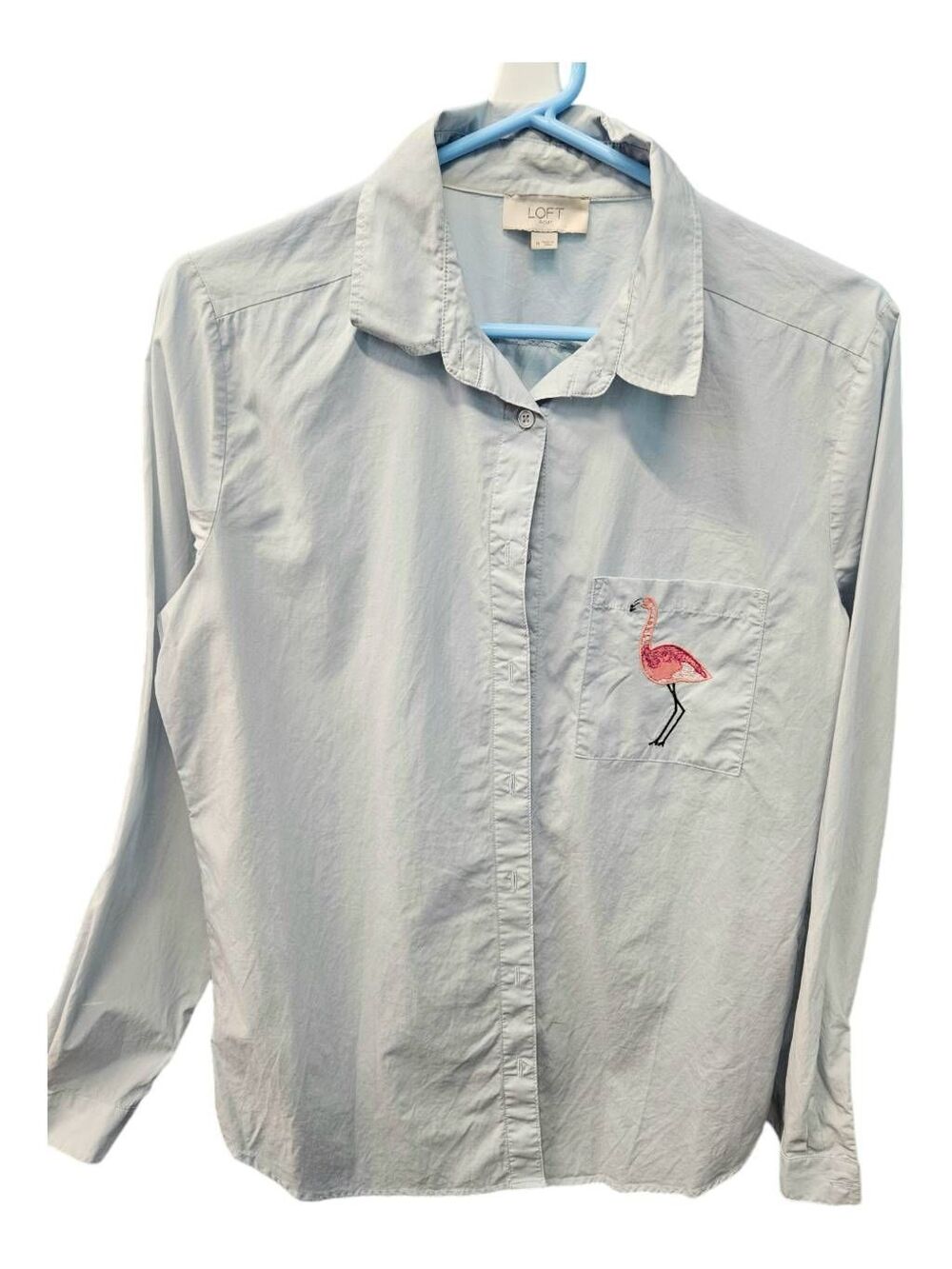 LOFT Light Blue Flamingo Embroidered Button Up Shirt Womens size Medium